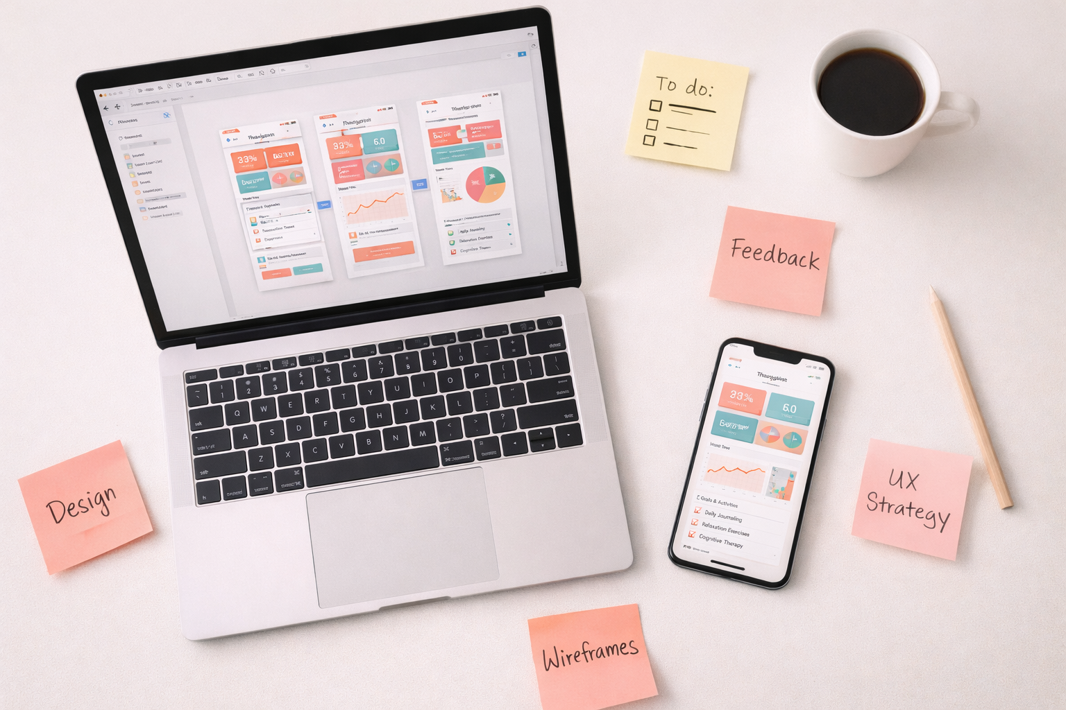 App design workspace with laptop, phone prototype, and UX strategy notes